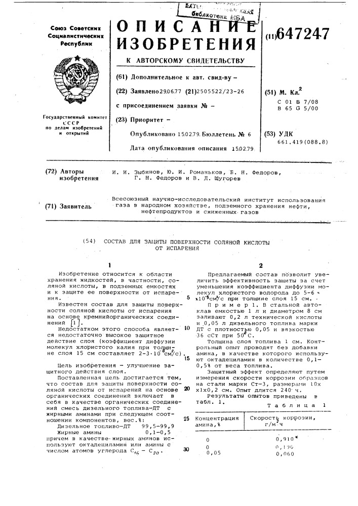 Состав для защиты поверхности соляной кислоты от испарения (патент 647247)