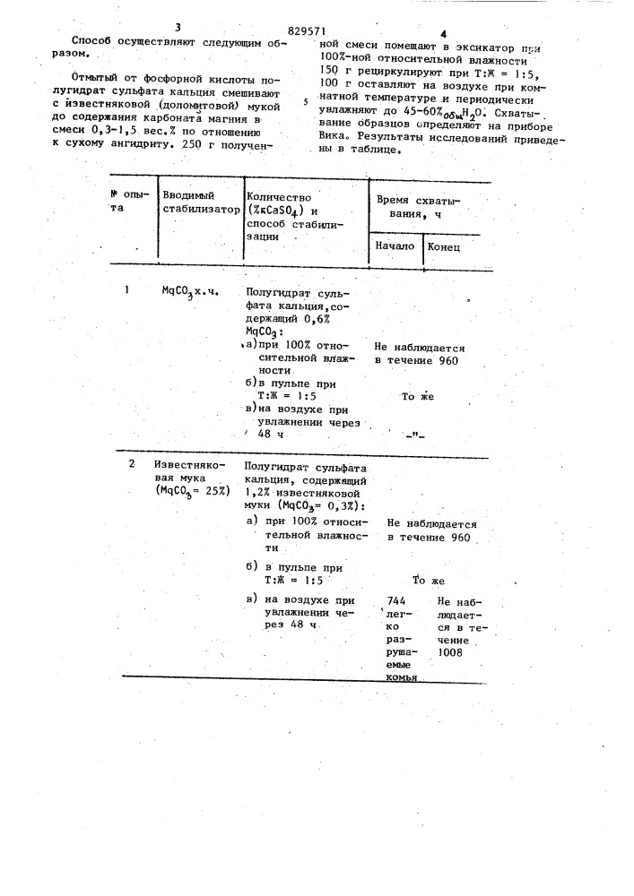 Способ стабилизации полугидрата сульфатакальция (патент 829571)