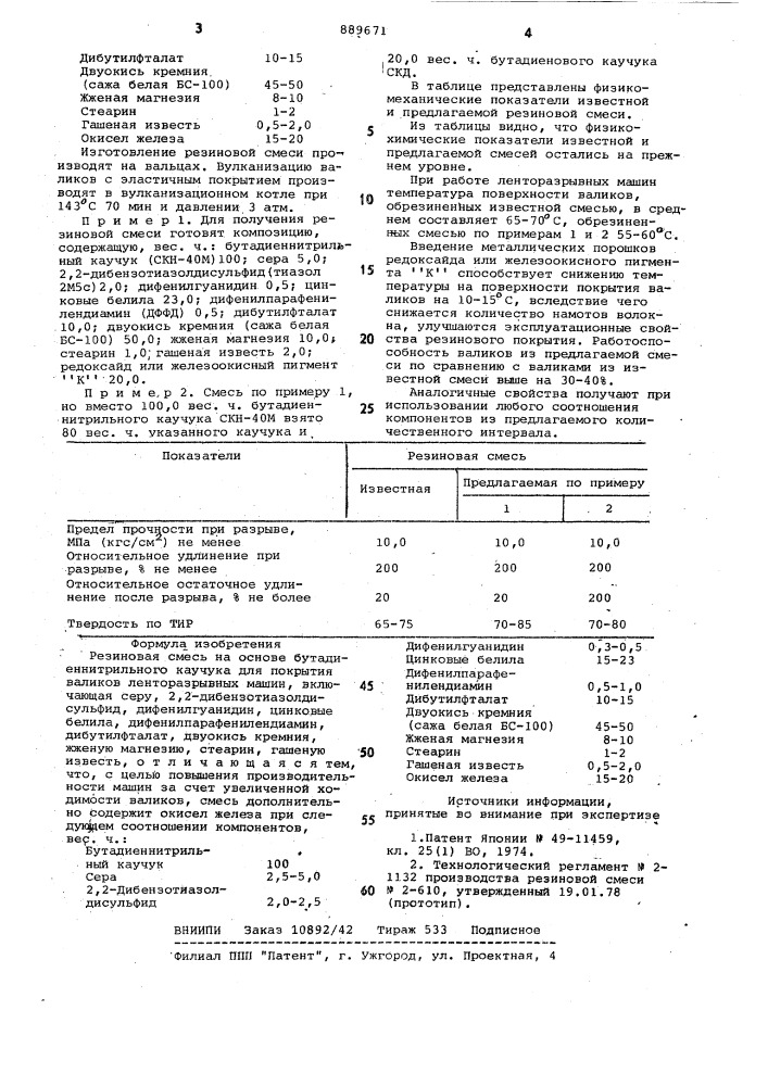 Резиновая смесь на основе бутадиен-нитрильного каучука (патент 889671)