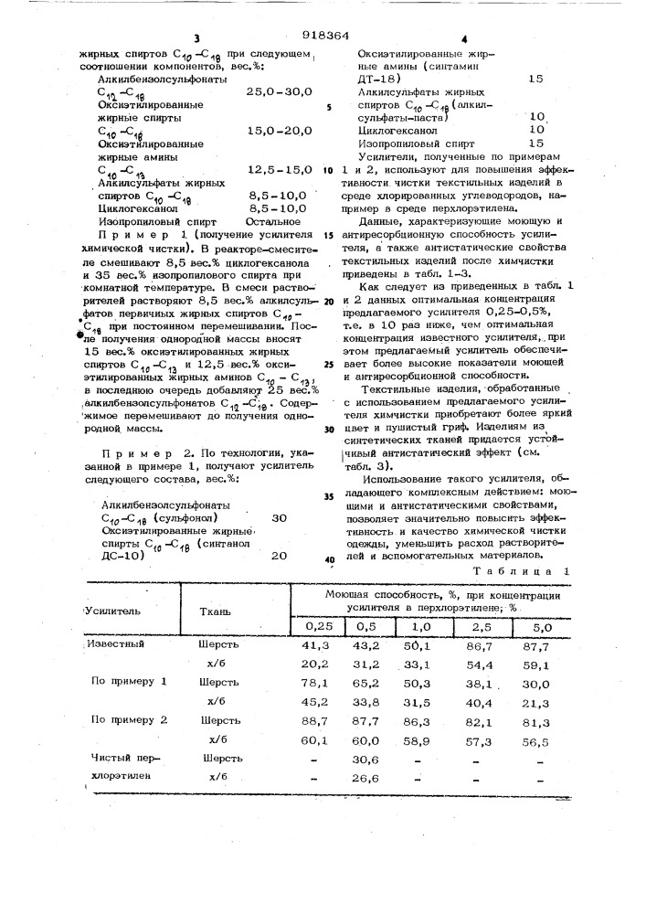 Усилитель химической чистки текстильных изделий (патент 918364)