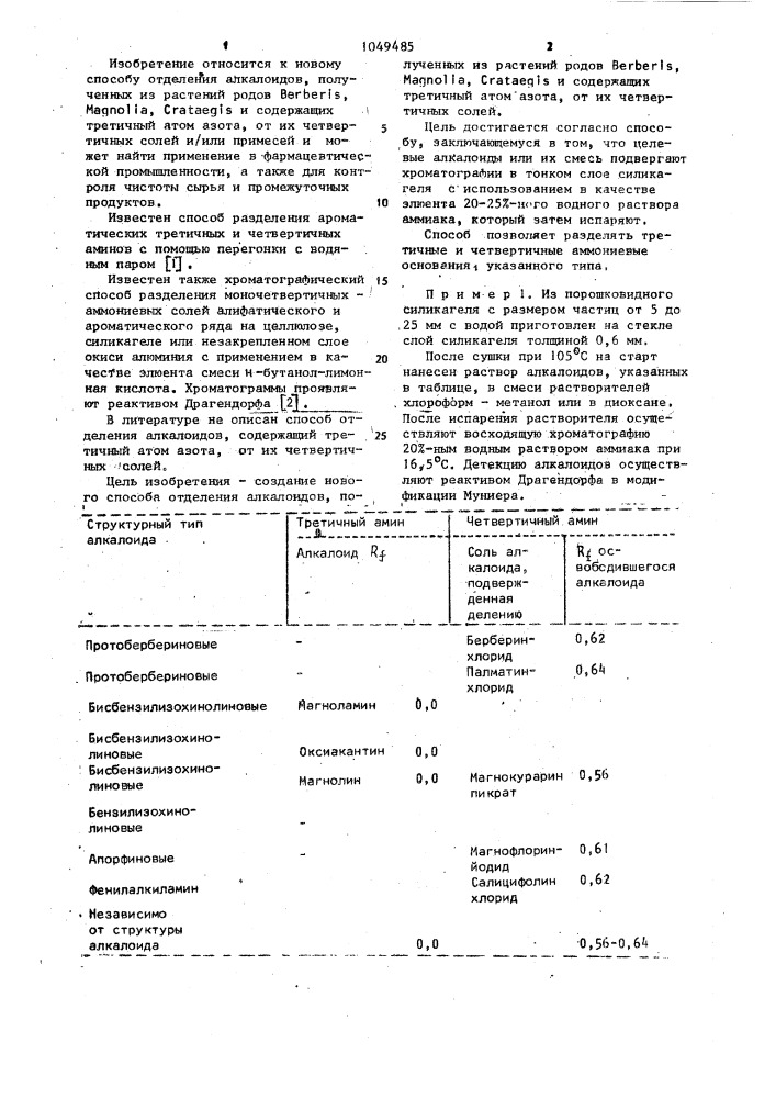 Способ отделения алкалоидов полученных из растений родов @ , @ , @ и содержащих третичный атом азота,от их четвертичных солей и/или примесей (патент 1049485)