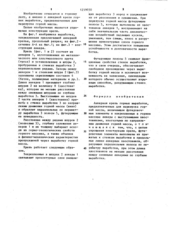 Анкерная крепь горных выработок,предназначенных для перепуска горной массы (патент 1259030)