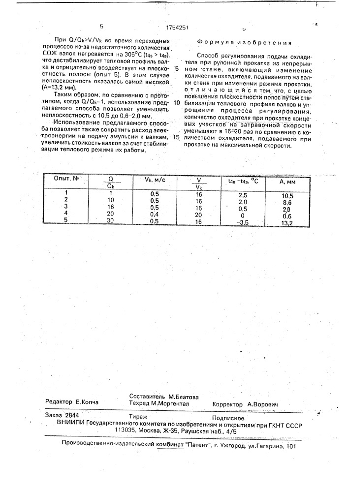 Способ регулирования подачи охладителя при рулонной прокатке на непрерывном стане (патент 1754251)