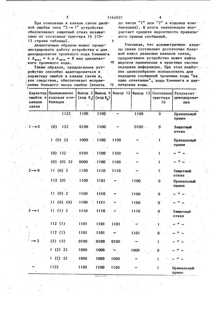 Адаптивное устройство для декодирования троичных кодов (патент 1164897)