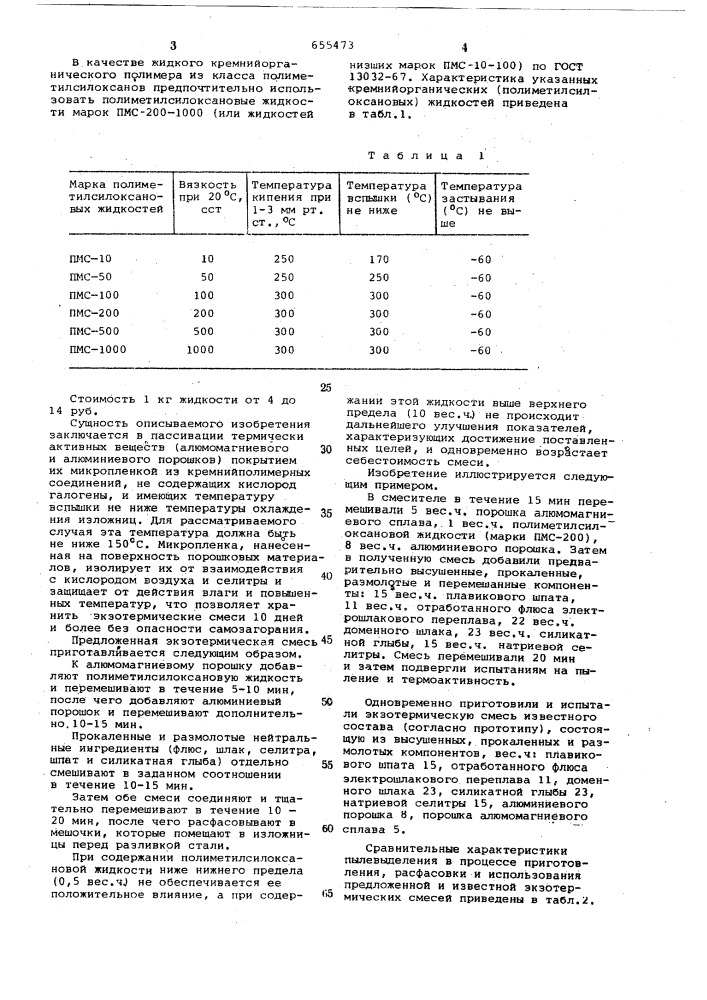 Экзотермическая смесь для утепления поверхности металла при разливке слитков (патент 655473)