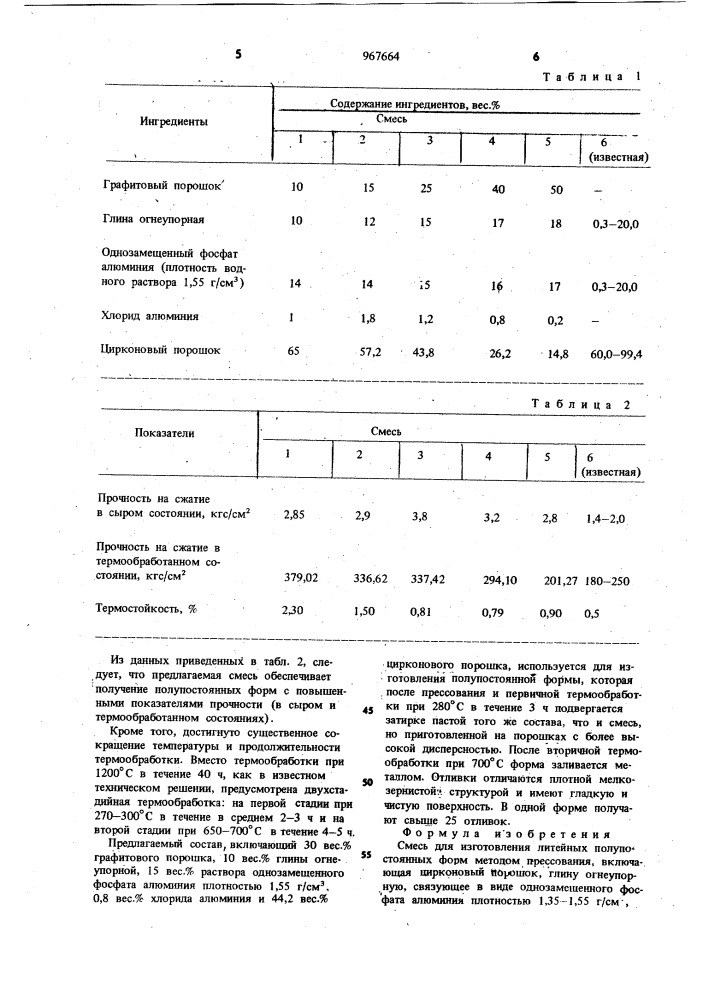 Смесь для изготовления литейных полупостоянных форм методом прессования (патент 967664)
