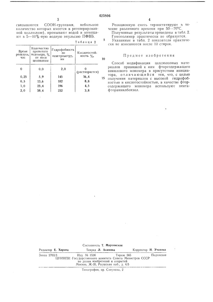 Способ модификации целлюлозных материалов (патент 423806)