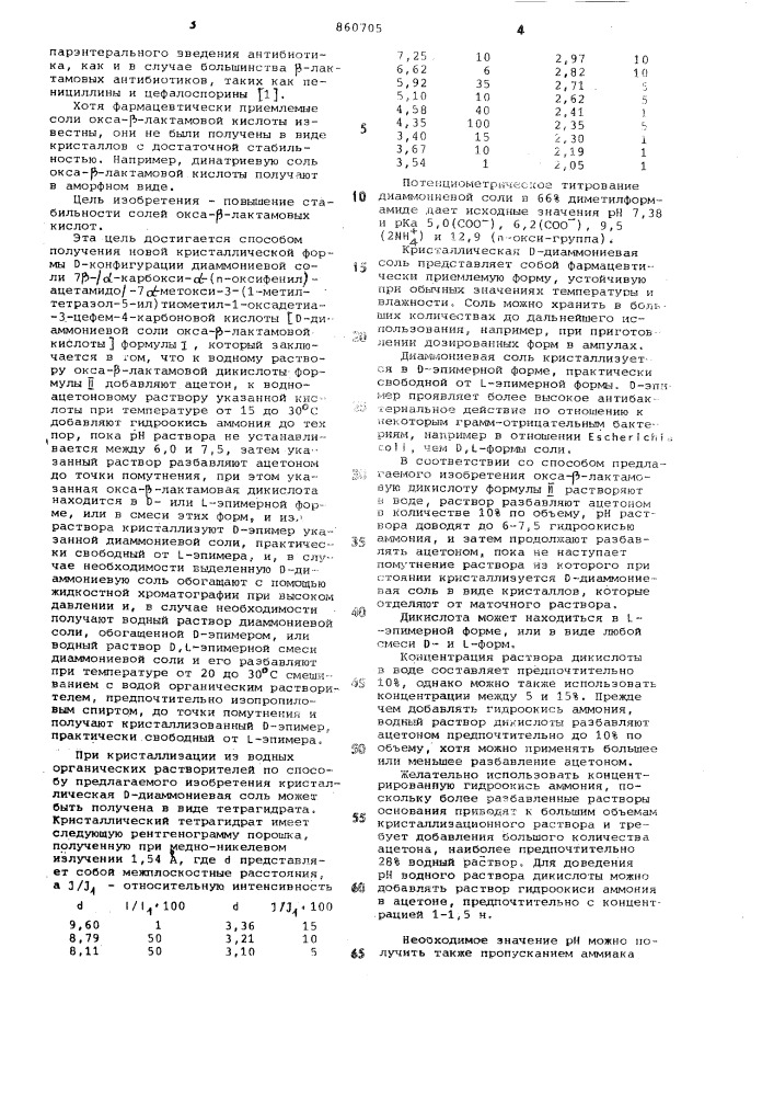 Способ получения кристаллической формы d-конфигурации диаммониевой соли 7 - -карбокси- -( -оксифенил)ацетамидо/-7 -метокси-3-(1-метилтетразол-5-ил)-тиометил-1-оксадетиа-3- цефем-4-карбоновой кислоты (патент 860705)