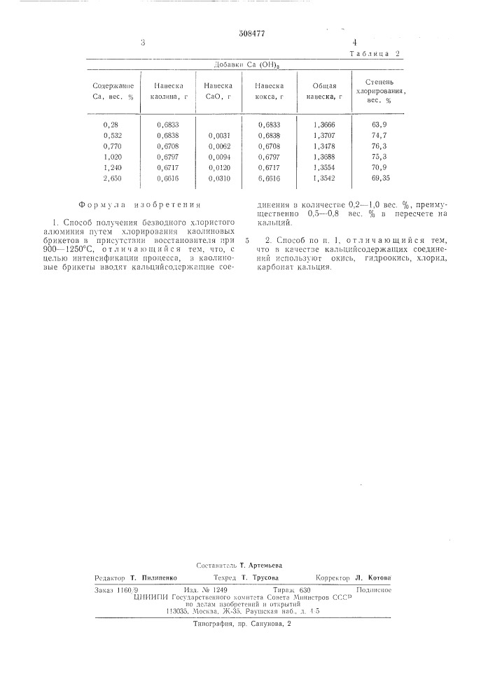 Способ получения безводного хлорис-того алюминия (патент 508477)