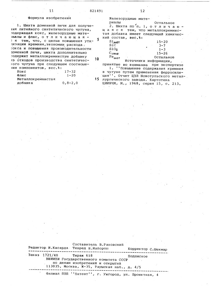 Шихта доменной печи для получениялитейного синтетического чугуна (патент 821491)