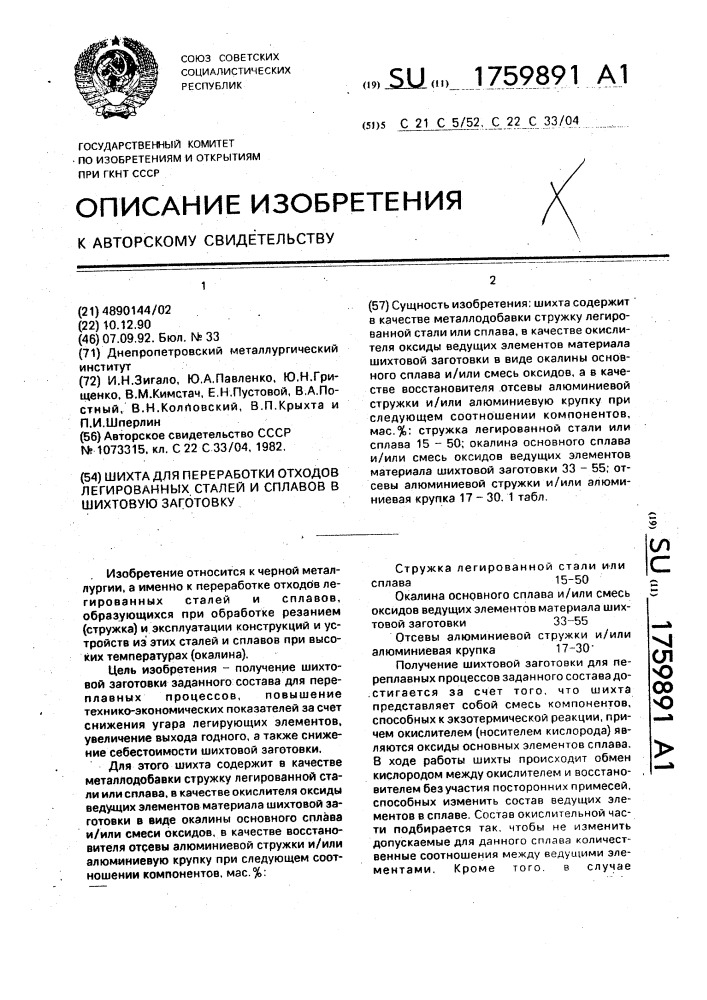 Шихта для переработки отходов легированных сталей и сплавов в шихтовую заготовку (патент 1759891)