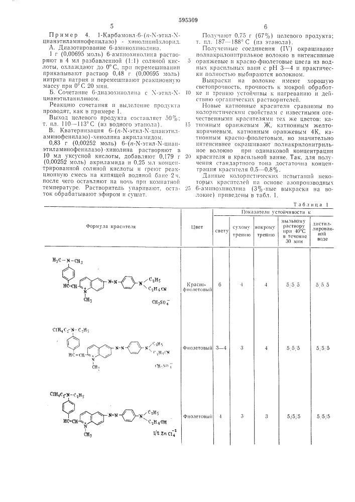 Азопроизводные 6-аминохинолина, проявляющие свойства катионных красителей (патент 595309)