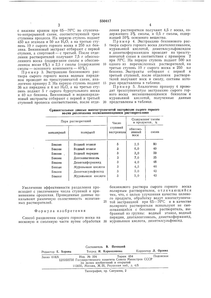 Способ разделения сырого горного воска на восковую и смоляную части (патент 550417)