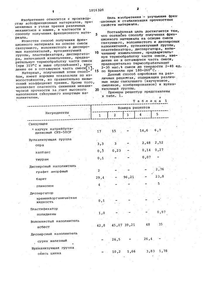 Способ получения фрикционного материала (патент 1016320)
