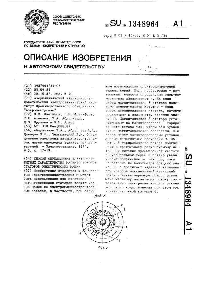 Способ определения электромагнитных характеристик магнитопроводов статоров электрических машин (патент 1348964)