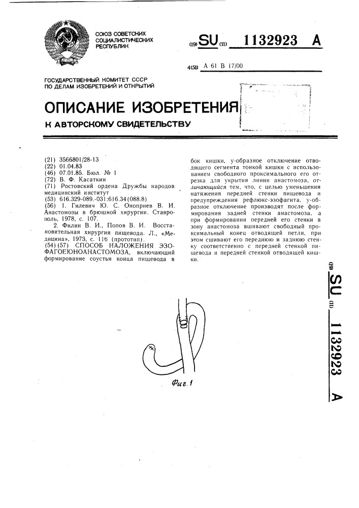 Способ наложения эзофагоеюноанастомоза (патент 1132923)