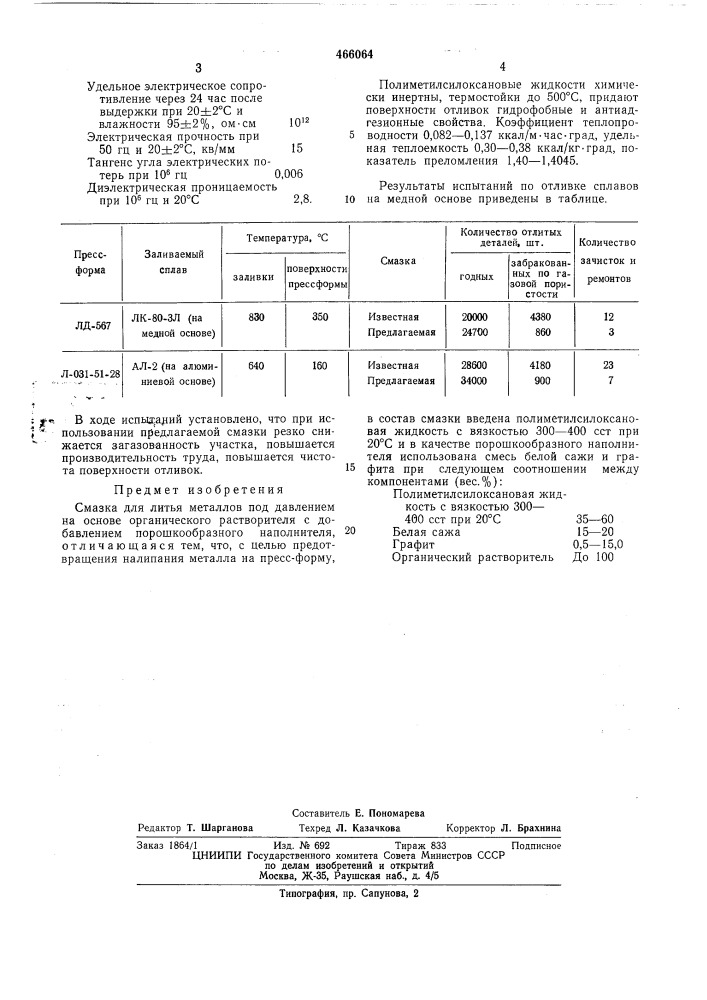 Смазка для литья металлов под давлением (патент 466064)