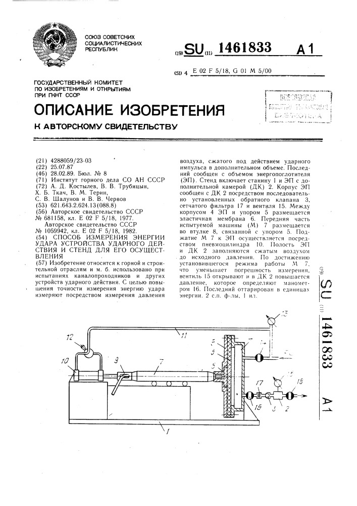 Способ измерения энергии удара устройства ударного действия и стенд для его осуществления (патент 1461833)