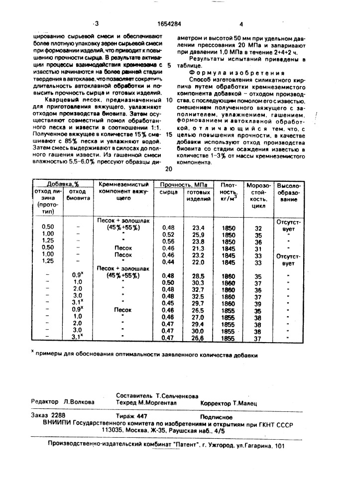 Способ изготовления силикатного кирпича (патент 1654284)