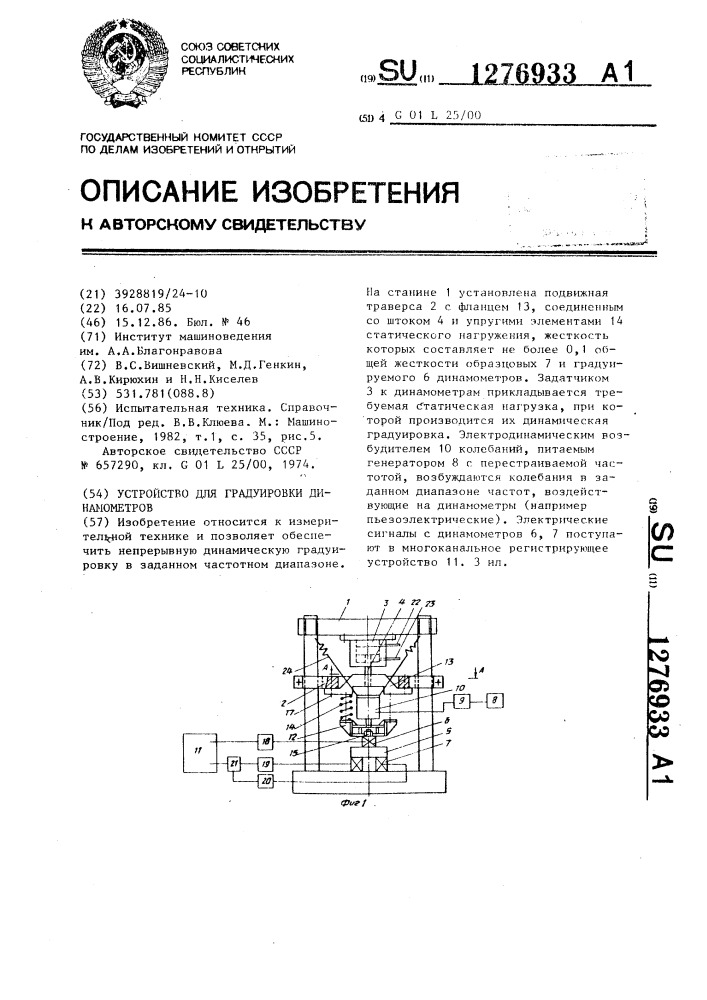 Устройство для градуировки динамометров (патент 1276933)