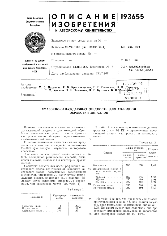 Смазочно-охлаждающая жидкость для холодной обработки металлов (патент 193655)