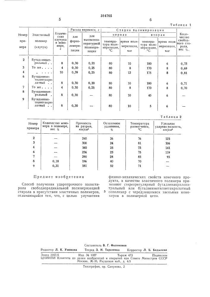 Способ получения ударопрочного полистирола (патент 314765)