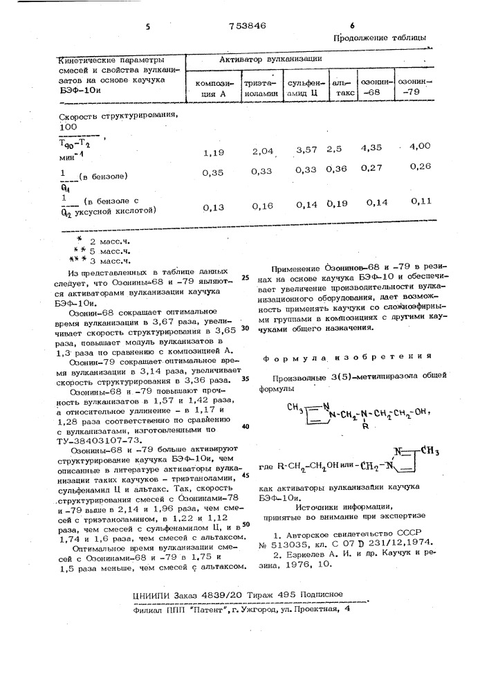 Производные 3(5)-метилпиразола как активаторы вулканизации каучука бэф-10и (патент 753846)