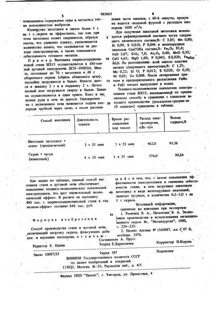 Способ производства стали в дуговой печи (патент 985063)