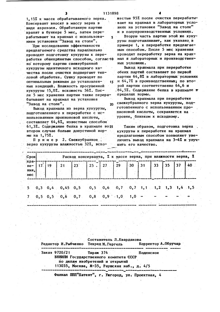 Средство для повышения выхода крахмала и улучшения его качества при переработке зерна кукурузы в крахмал (патент 1131898)