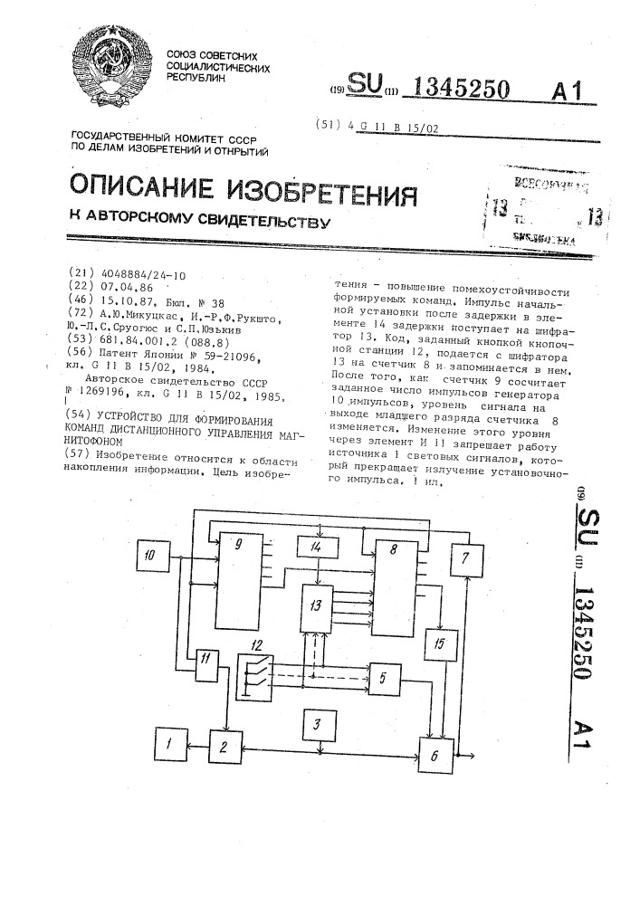 Устройство для формирования команд дистанционного управления магнитофоном (патент 1345250)