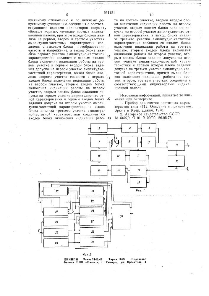 Устройство для допускового контроля амплитудно-частотных характеристик электроакустических преобразователей (патент 661421)