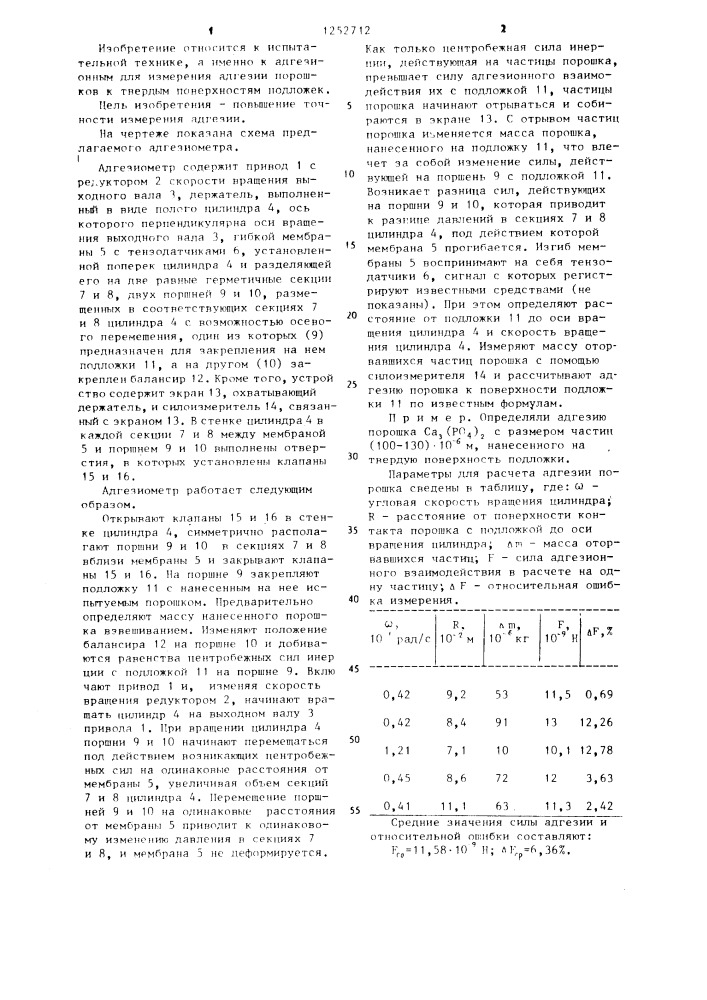 Адгезиометр для измерения адгезии порошков к твердым поверхностям подложек (патент 1252712)