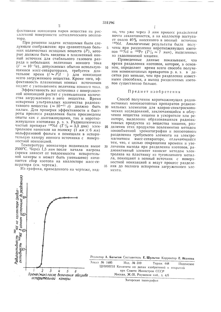 Способ получения короткоживущих (патент 331296)