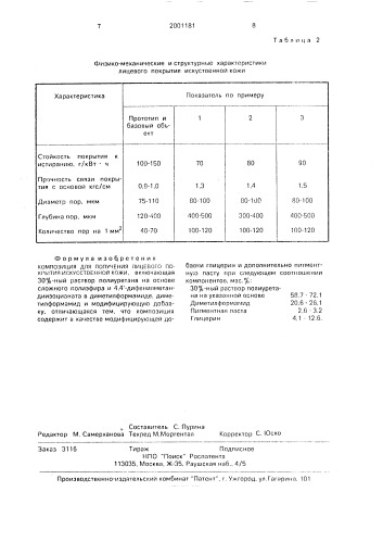 Композиция для получения лицевого покрытия искусственной кожи (патент 2001181)