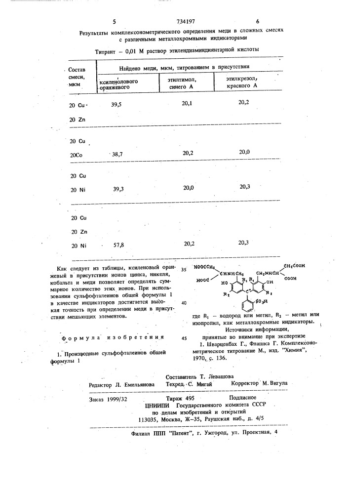 Производные сульфофталеинов как металлохромные индикаторы (патент 734197)