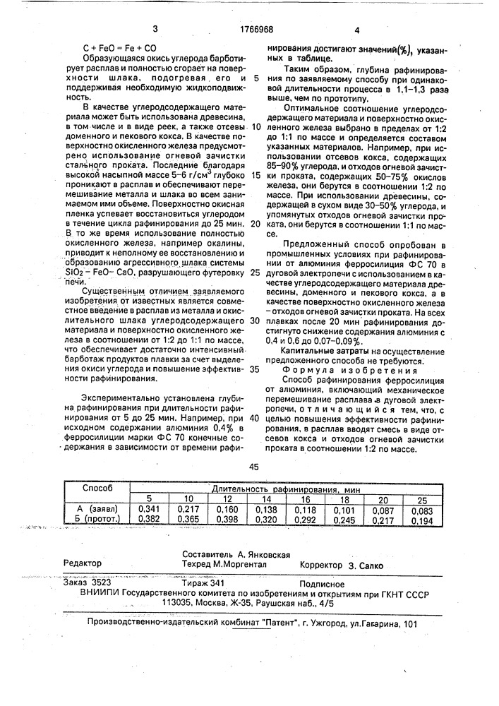 Способ рафинирования ферросилиция от алюминия (патент 1766968)