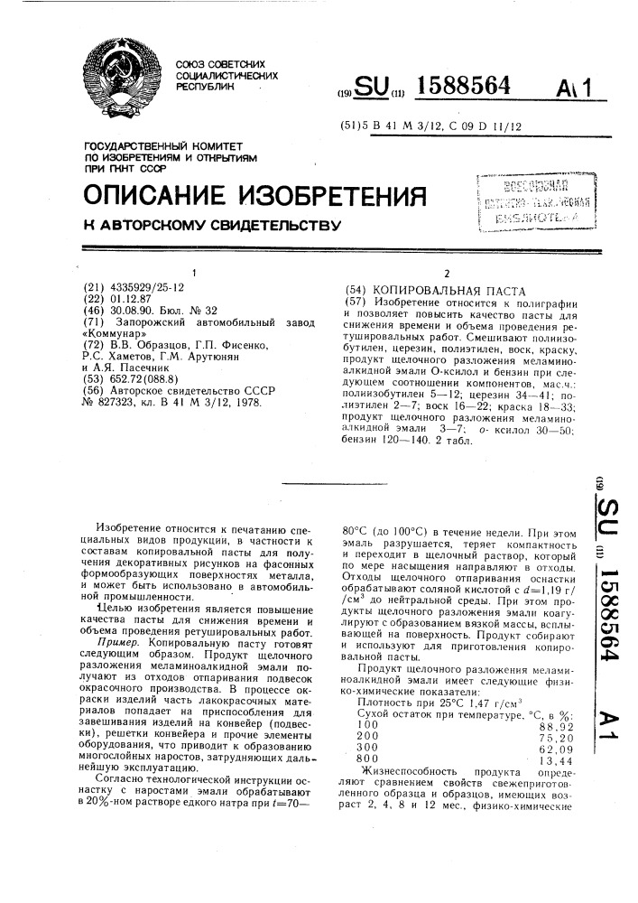 Копировальная паста (патент 1588564)