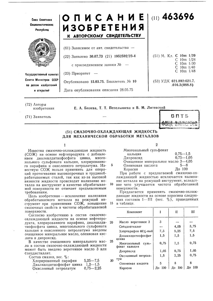 Смазочно-охлаждающая жидкость для механической обработки металлов (патент 463696)