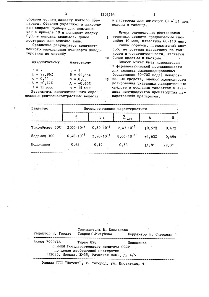 Способ определения йодорганических лекарственных средств (патент 1201764)