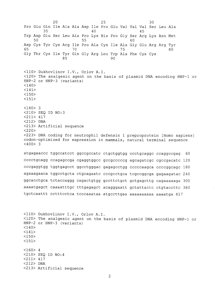 Анальгетическое средство на основе плазмидной днк, кодирующей hnp-1, либо hnp-2, либо hnp-3 (варианты) (патент 2597789)
