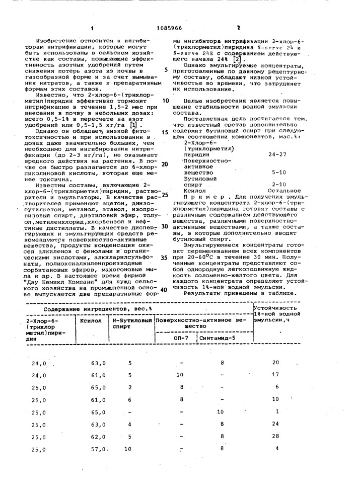 Состав для ингибирования нитрификации азотных удобрений "пикохлор (патент 1085966)