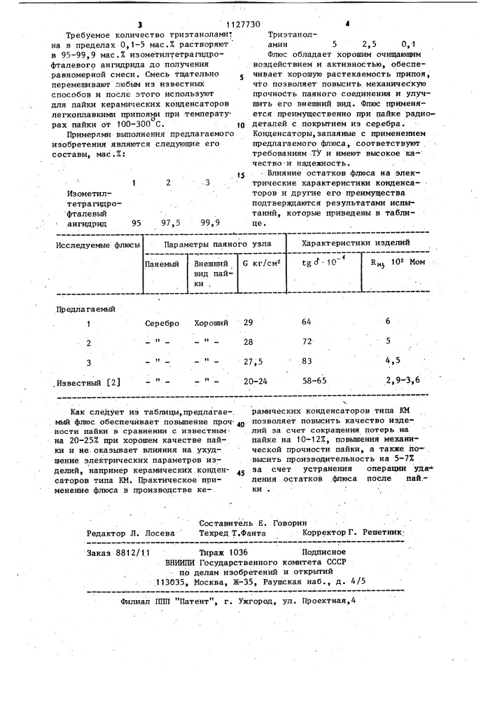 Флюс для пайки легкоплавкими припоями (патент 1127730)