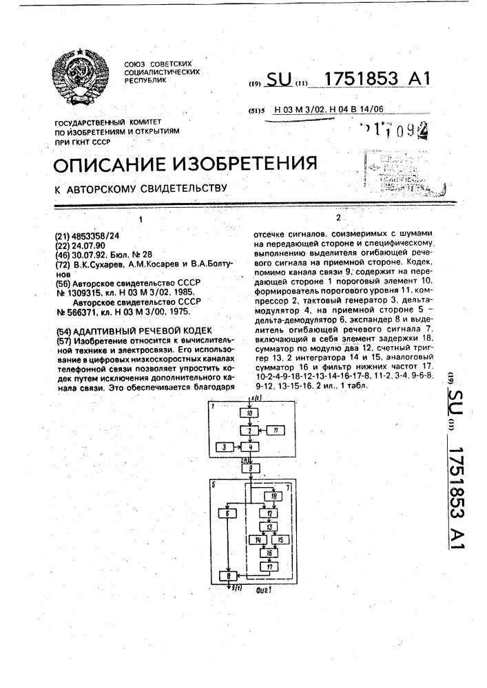 Адаптивный речевой кодек (патент 1751853)