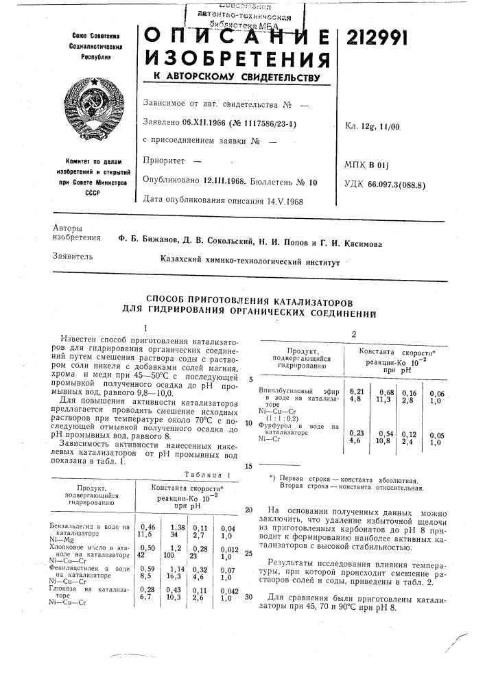 Способ приготовления катализаторов для гидрирования органических соединений (патент 212991)