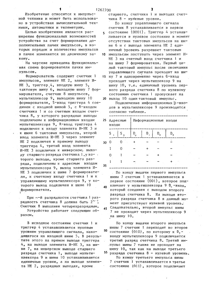 Формирователь пачки импульсов (патент 1262700)