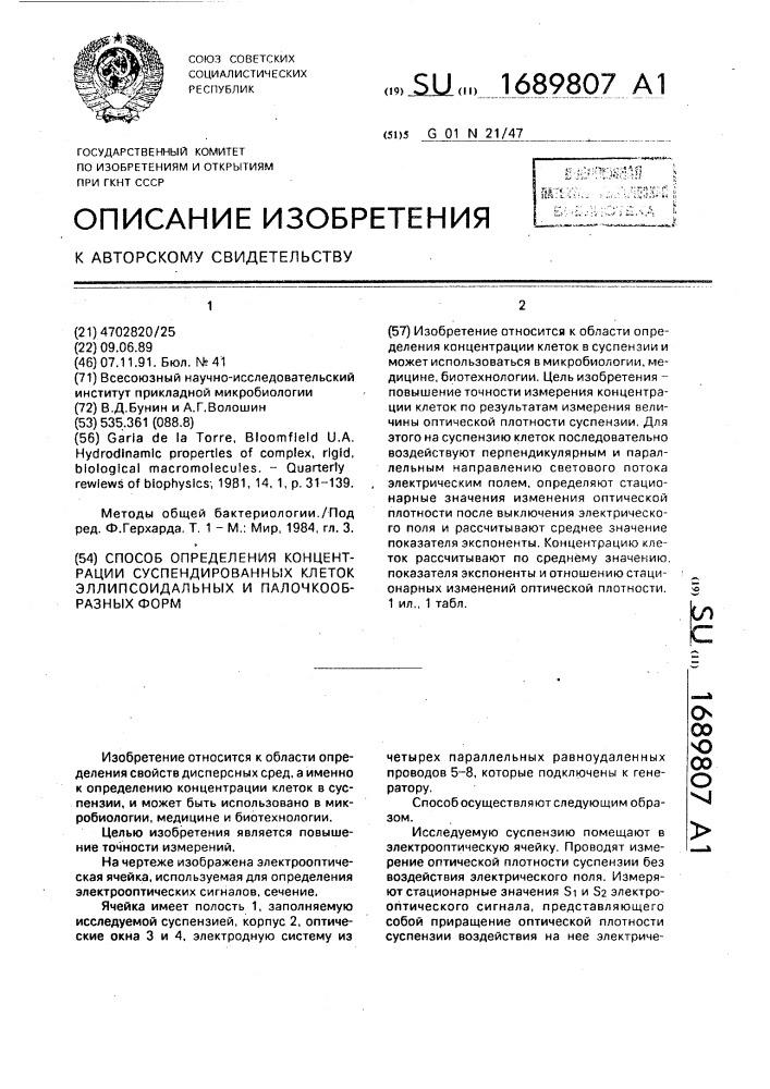 Способ определения концентрации суспендированных клеток эллипсоидальных и палочкообразных форм (патент 1689807)