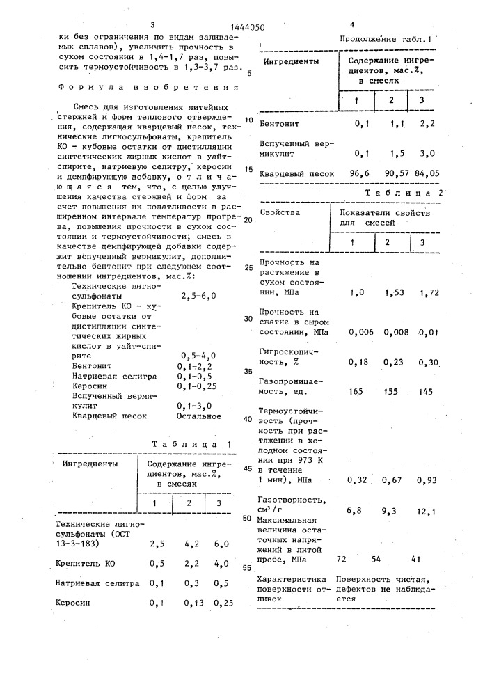 Смесь для изготовления литейных стержней и форм (патент 1444050)