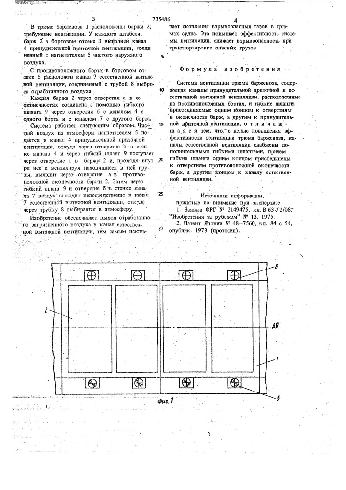 Система вентиляции трюма баржевоза (патент 735486)