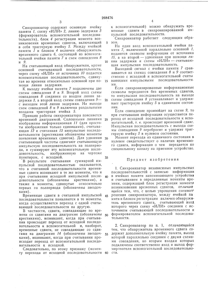 Синхронизатор независимых импульсных последовательностей (патент 268476)