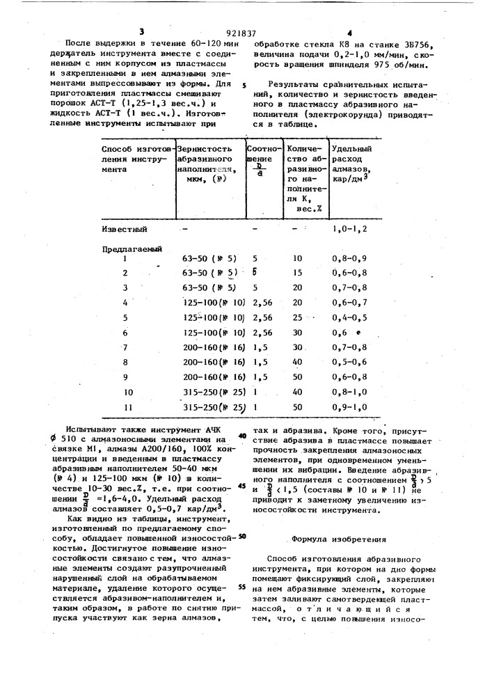 Способ изготовления абразивного инструмента (патент 921837)